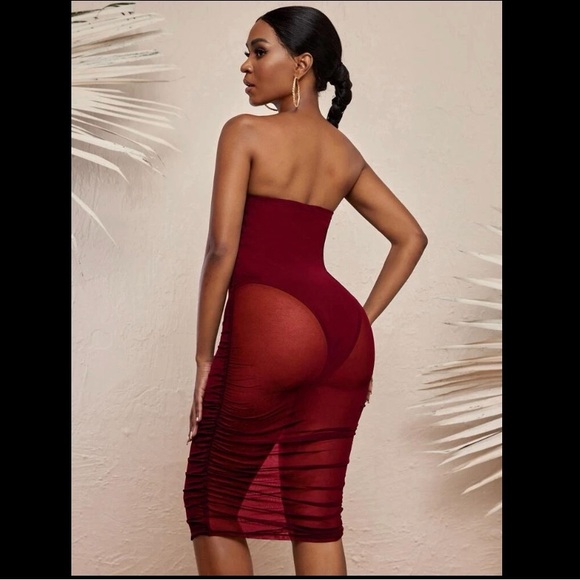 New Maroon Dark Red Semi Sheer Tube Top Bodycon Dress XS - Picture 2 of 4